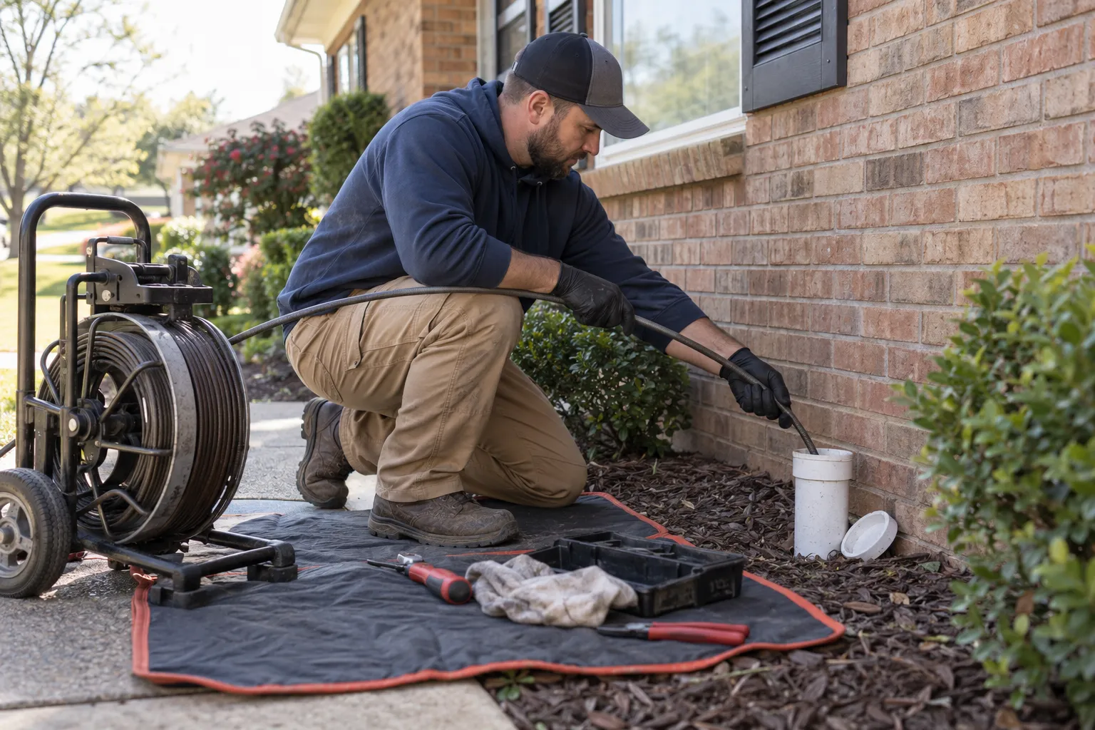 Plumbing provider clearing a blocked drain with a cable machine at a Fate home